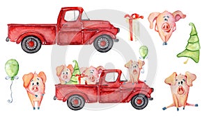 Red Christmas truck creator with pigs, pine tree and gifts New year watercolor illustration