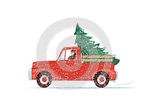 Red christmas truck with green fir tree at the body, man driving. Pickup car go snow, blizzard. Vector illustration