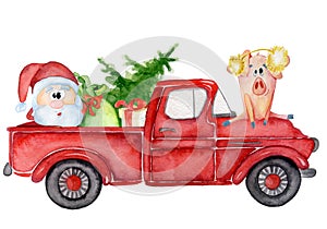 Red Christmas truck with pig, santa and gifts New year watercolor illustration