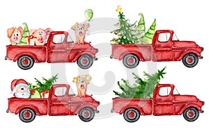 Red Christmas truck with pig, santa and pine trees New year watercolor illustration