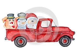Red Christmas truck with pig, Santa and snowman New year watercolor illustration