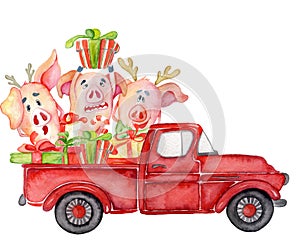 Red Christmas truck with pigs and gifts New year watercolor illustration