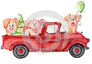 Red Christmas truck with pigs and pine tree New year watercolor illustration