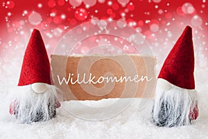 Red Christmassy Gnomes With Card, Willkommen Means Welcome