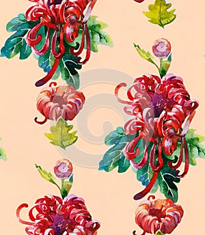 Red chrysantemum wallpaper seamless pattern from original watercolor photo