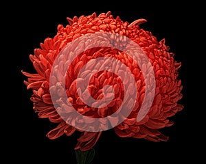 Red chrysanthemum flower with green stem isolated on black background. Studio close-up shot.