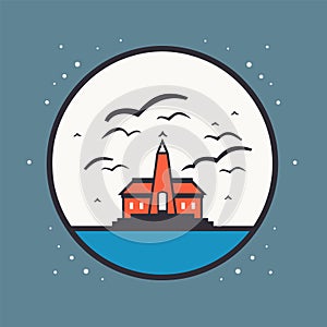 Red church building with steeple, birds flying, night sky with full moon and stars. Circular frame with serene evening