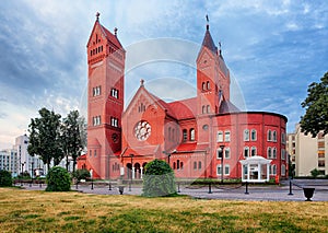 Red Church or Church Of Saints Simon and Helen at independence Square in Minsk, Belarus