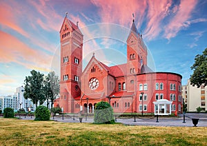 Red Church or Church Of Saints Simon and Helen at independence Square in Minsk, Belarus