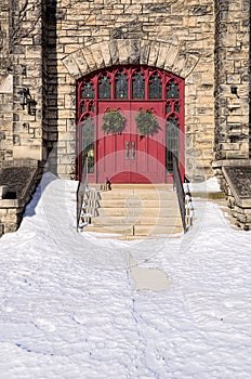 Red Church Doors with Wreaths