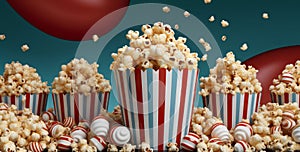 red cinema blue popcorn film background corn white bucket box food. Generative AI.