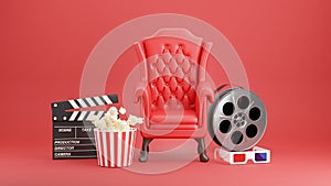 red cinema chair with popcorn,clapboard,3d glasse,reel