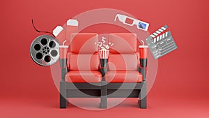 red cinema chair with popcorn,clapboard,3d glasse,reel