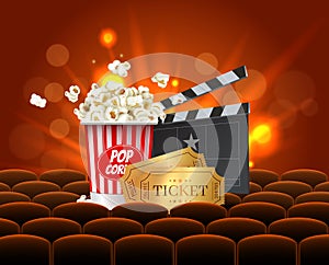 Red Cinema Movie Design Poster design. Vector template banner for movie premiere or show with seats, popcorn box