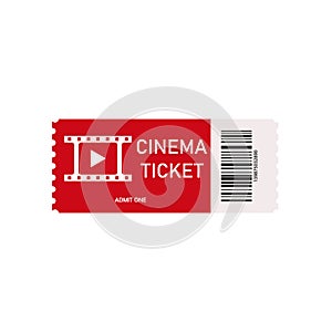 Red cinema ticket isolated on white background. Card for movie. Realistic front view. Pass ticket on film. 3d films coupon icon.