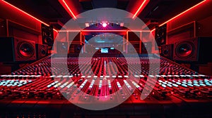 Red Cinematic Studio Light Illuminates Wide Angle Shot of Recording Studio Mixing Console