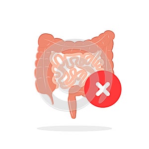 red circle with cross on cartoon intestinal tract icon