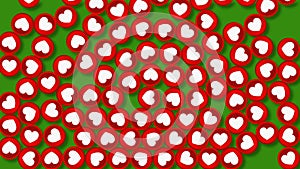 Red circle icons with likes heart falling on a chromakey background 4K