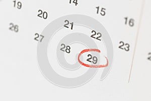 Red circle mark on february 29th day on calendar