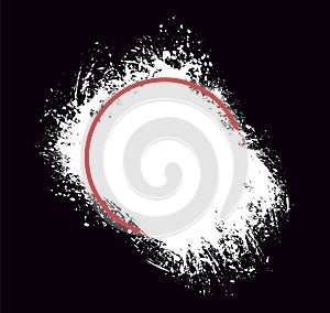a red circle with paint brush stroke on a black background, a red brush stroke with white square