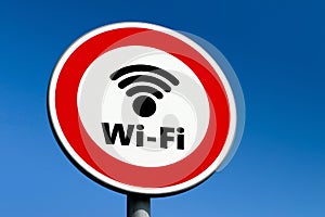 Red circle traffic sign forbidding the use of Wi-Fi and other wireless technologies