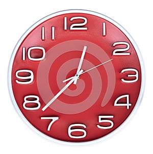 Red circle wall clock isolated on white background with clipping path