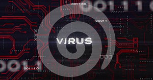 Red circuit board and binary code with VIRUS text image