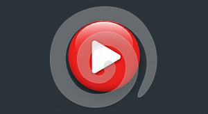 A red circular button with a glossy finish features a white triangular play icon in the