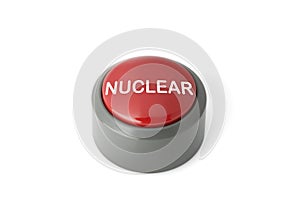 Red Circular Push Button Labeled `Nuclear` on White Background