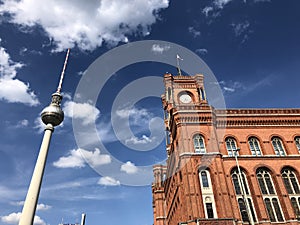 Red City Hall of Berlin, seat of the first mayor, with the television tower on Alexanderplatz.