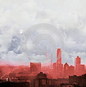 Red city skyline with cloudy sky and full moon. Concept of global warming.