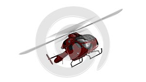 Red civilian helicopter in flight isolated on white background