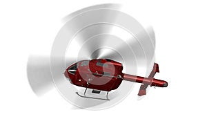 Red civilian helicopter in flight isolated on white background