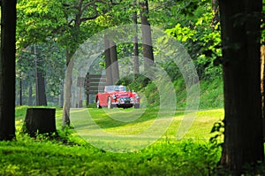 Red classic car on the road photo