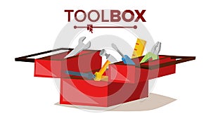 Red Classic Toolbox Vector. Full Of Equipment. Flat Cartoon Illustration