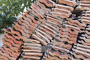 Red clay roof tile put in the stack