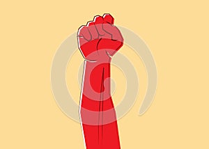 A red clenched fist hand raised in the air. Protest, strength, freedom, revolution, rebel, revolt concept design vector sign