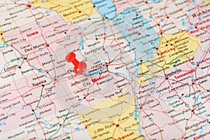 Red clerical needle on a map of USA, Missouri and the capital Jefferson City. Close up map of Missouri with red tack