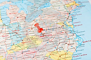 Red clerical needle on a map of USA, South West Virginia and the capital Charleston. Close up map of South West Virginia with red