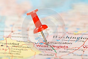 Red clerical needle on a map of USA, South West Virginia and the capital Charleston. Close up map of South West Virginia with red