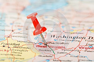 Red clerical needle on a map of USA, South West Virginia and the capital Charleston. Close up map of South West Virginia with red