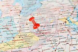 Red clerical needle on a map of USA, South West Virginia and the capital Charleston. Close up map of South West Virginia with red