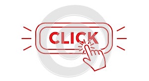Red click button icon with hand pointer for web call to action flat outline