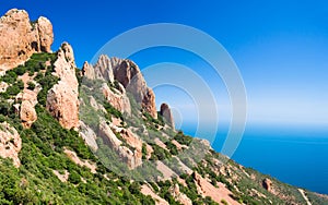 Red cliffs and ble mediterranean sea in the Esterel EstÃ©rel on the french riviera.