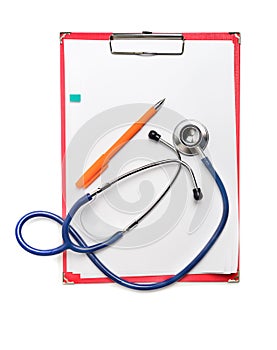 Red clipboard with blue stethoscope and pen. Health diagnostic concept