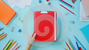 The red clipboard on desk.AI generated image