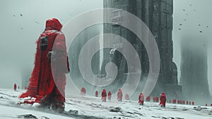 Red Cloaked Figures in Snowy Dystopia