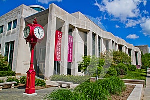 Red Clock and Modern Campus Building at Bloomington University