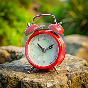 Red clock stand on the stone photo