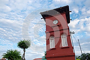 Red clock tower at Dutch Square in Malacca, Malaysia